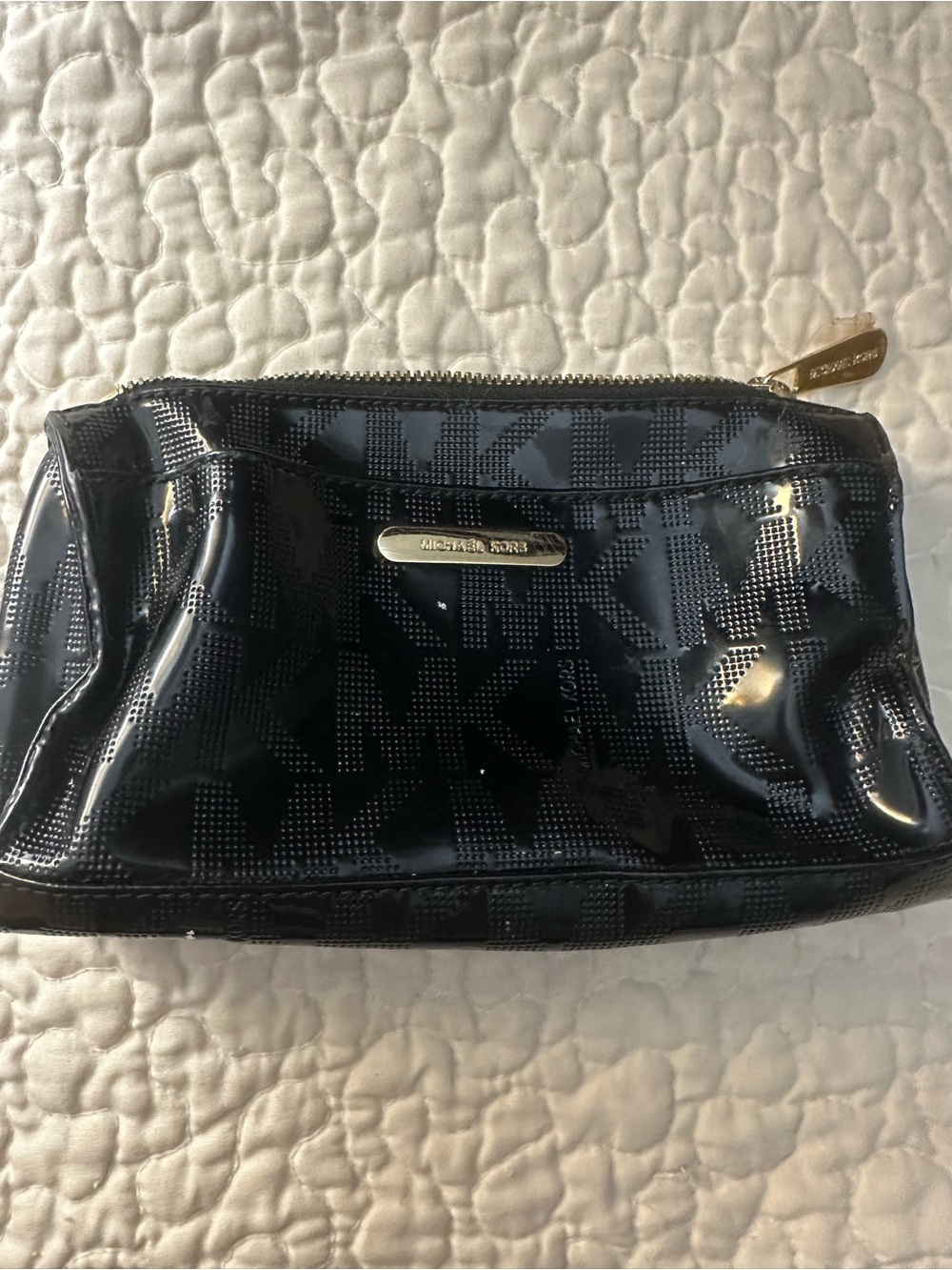 Michael Kors Black Patent Logo Zip Pouch / Cosmetic Bag